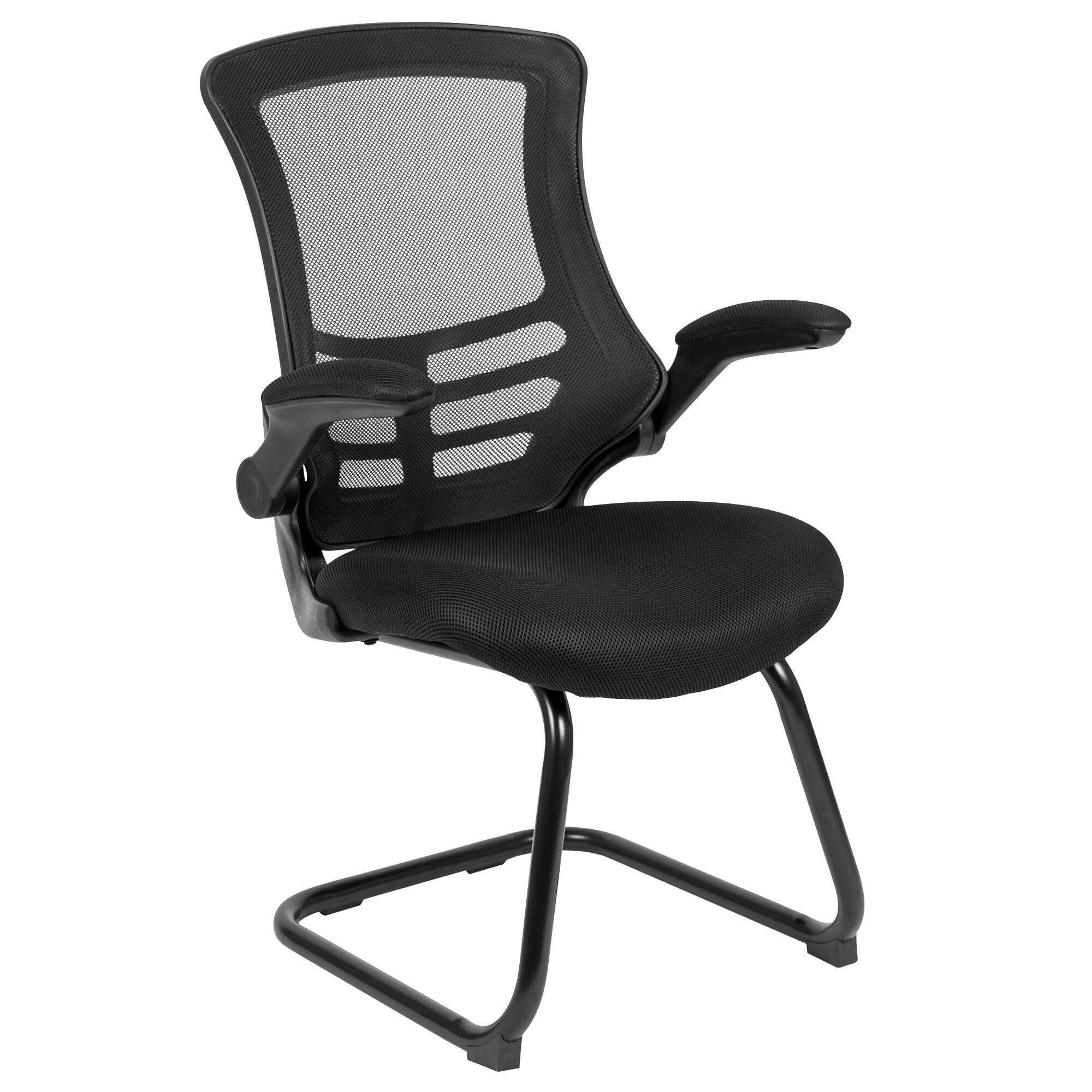 39.25" Black White Sled Base Side Reception Chair with Flip-Up Arms