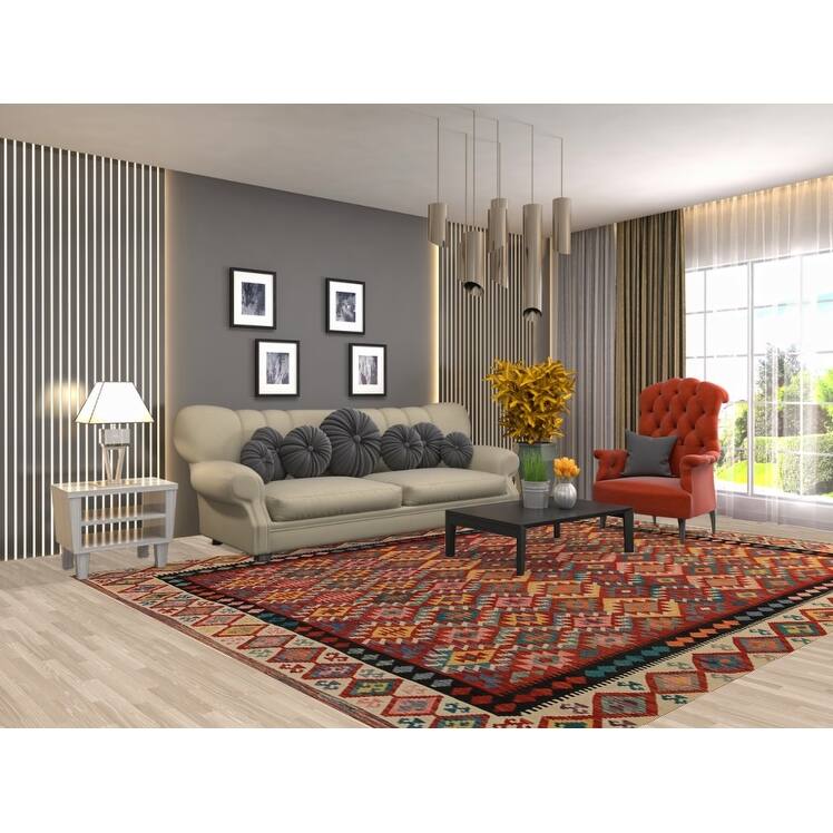 Geometric Kilim Reversible Area Rug Hand-Woven Orange Wool Carpet - 8'3"x 11'0"