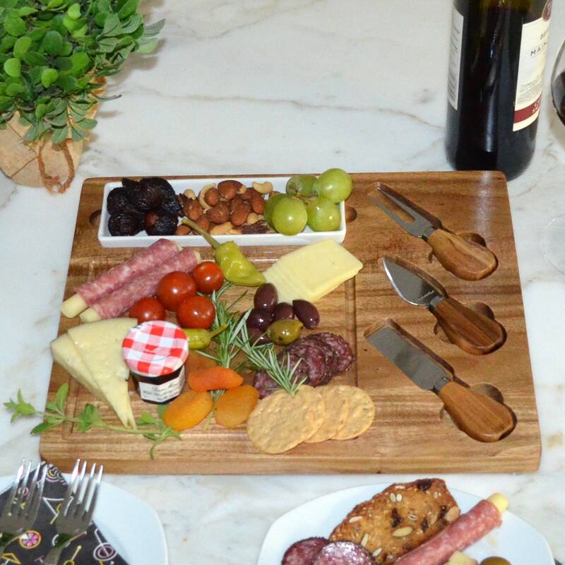 Picnic at Ascot Personalized Acacia Charcuterie Board Set with Ceramic tray & Cheese Tools