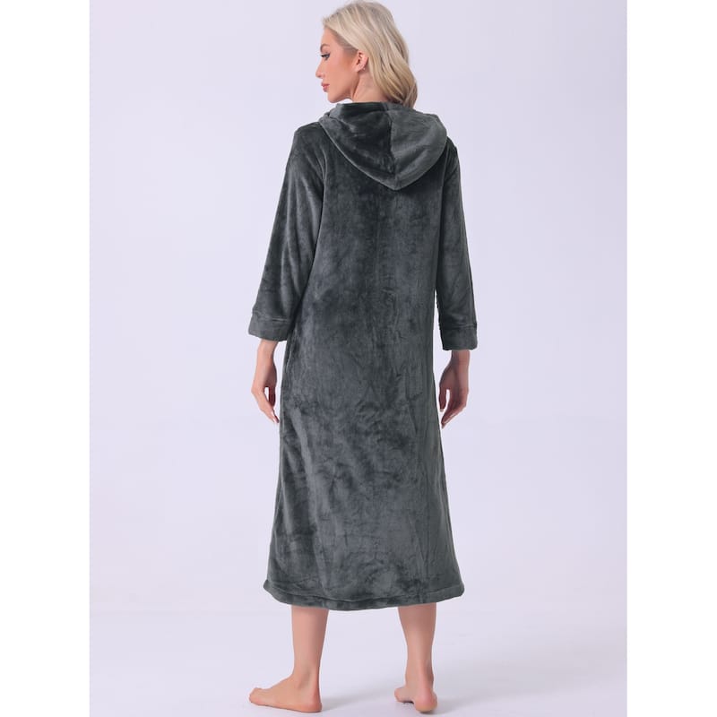 Womens Flannel Robe Fluffy Plush Long Zip Front Bathrobe with Pockets Warm Soft Zippered Bathrobes