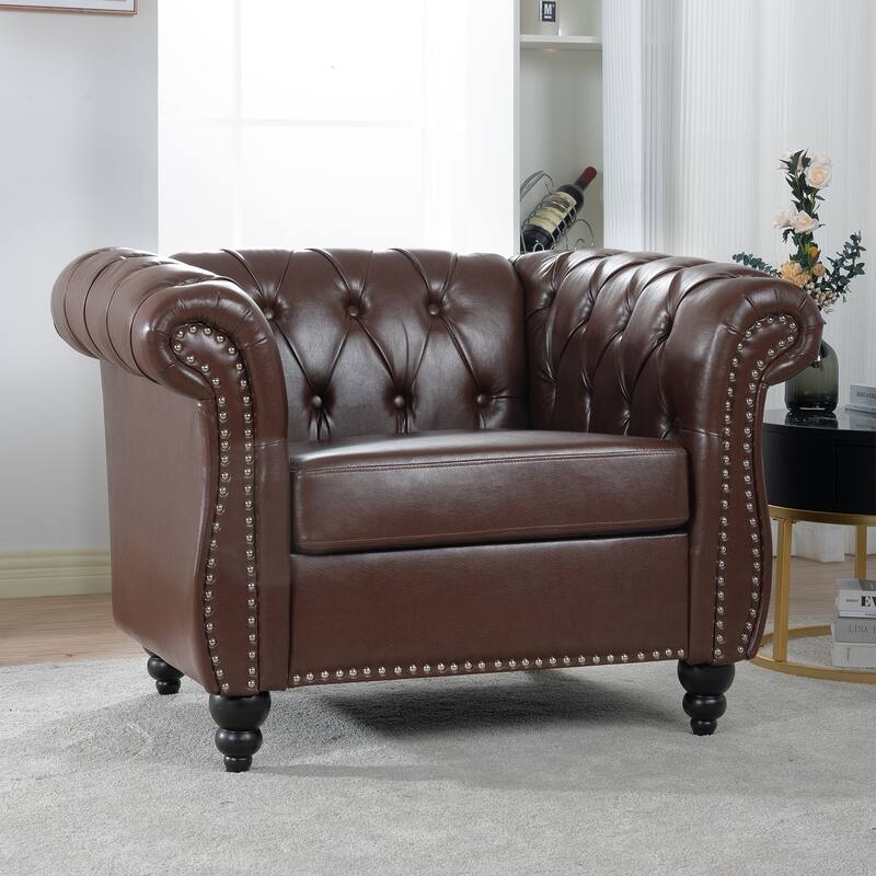Dark Brown Leather Single Sofa Chair Barrel Chair with Nailhead Trim, Stylish Corner Chair Side Chair with Rolled Armrests