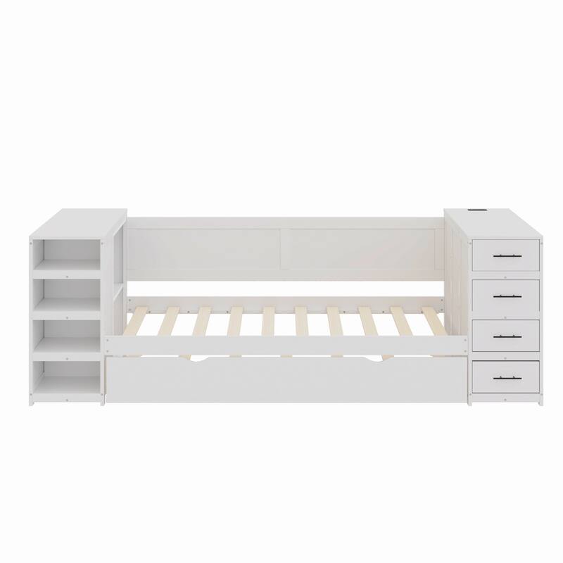 White Twin Daybed with Trundle - Storage Bed with Shelves, Drawers & Charging Station
