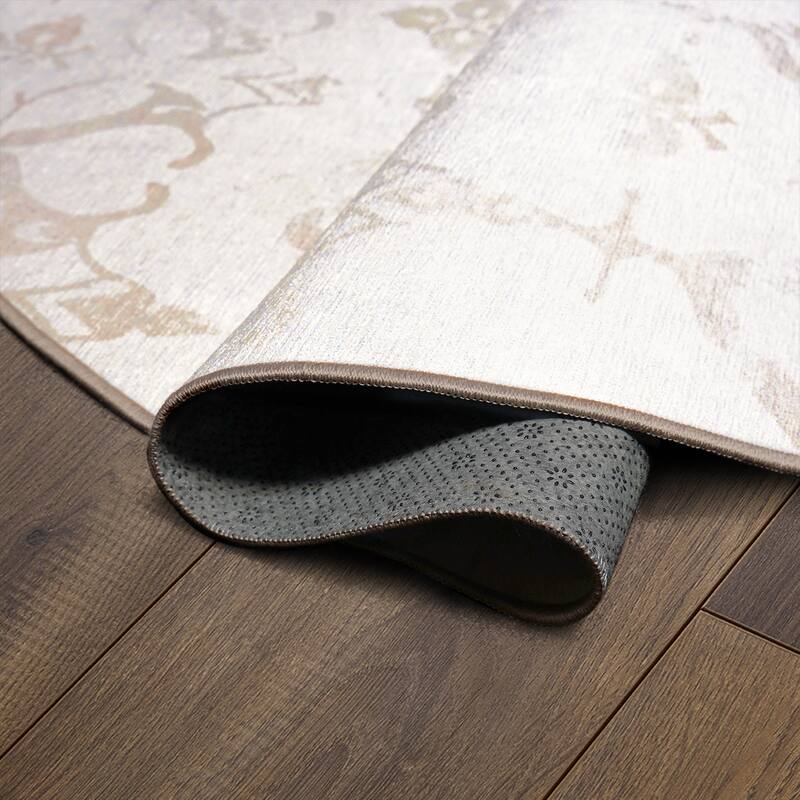 My Magic Carpet Machine Washable Area Rug Leilani Damask Ivory On