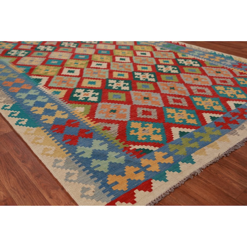 Hand Woven Oriental 100% Wool Carpet Southwestern Geometric Multi-Colored Kilim Area Rug - 8' 3'' X 6' 3''