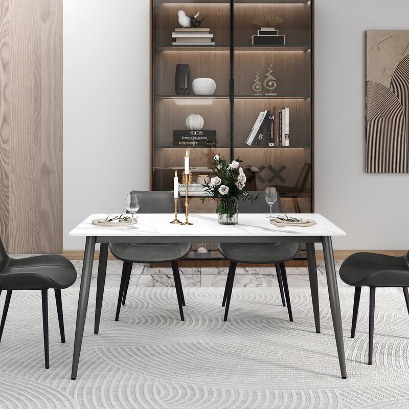 55" Rectangular White Kitchen Dining Room Table with Marble Tabletop and Metal Legs for 4 People
