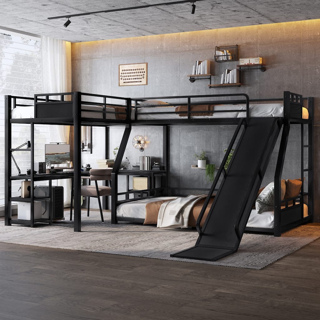 L-Shaped Metal Triple Bunk Bed with Slide, Built-in Desk, Storage Shelves and USB Charging Port