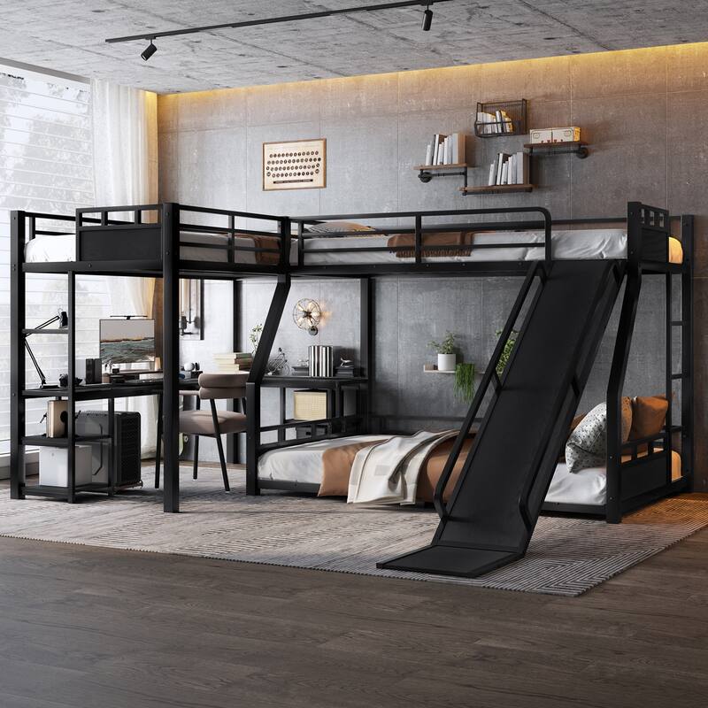 L-shaped Triple Bunk Bed with Loft Bed and Bunk Bed, Metal Storage Bed Frame with Integrated Desk, Open Shelves and Slide