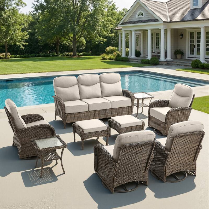 Pocassy Outdoor 9-Piece Sofa Swivel Chair with Ottoman - Brown Wicker Beige Cushion - 9-Piece Sofa Swivel Chair with Ottoman