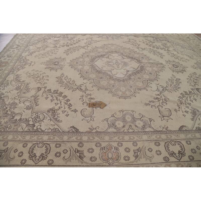 Hand Knotted Oriental 100% Wool Carpet Traditional Floral Beige & Ivories Tabriz Area Rug - 12' 4'' X 9' 10''