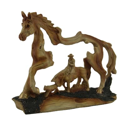 The Wrangler Cowboy In Horse Faux Carved Wood Statue Western Decor - 5.5 X 7 X 1.5 inches