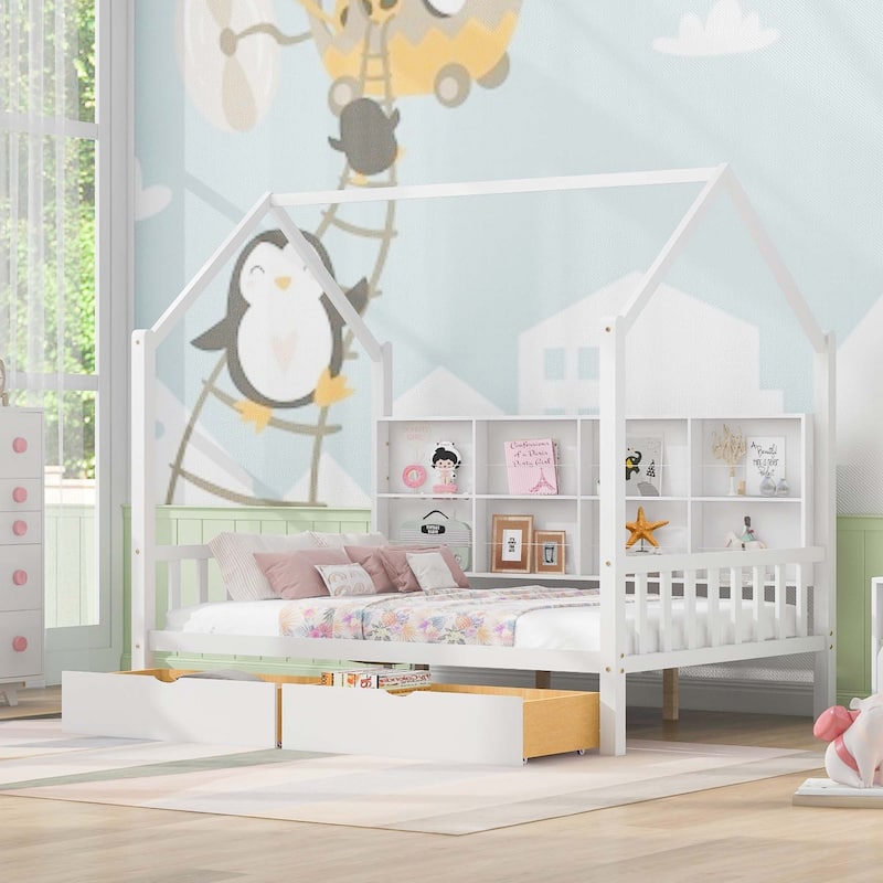 Comfortable Wooden House Bed with 2 Drawers,Kids Bed with Storage Shelf
