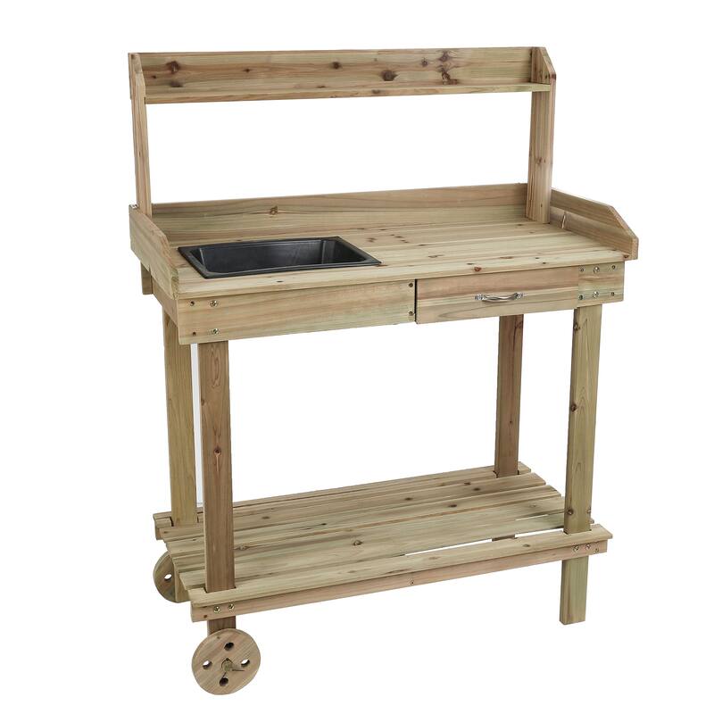 Natural Wood Mobile Potting Bench with Storage