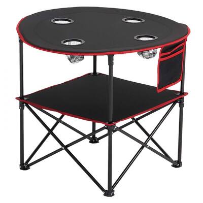 Black Foldable Camping Table with Waterproof Surface and 4 Cup Holders for Compact Travel Design