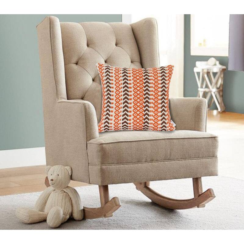 Geometric Embroidered Square Cotton Throw Pillow - 20" - Orange and Brown