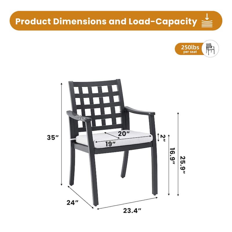 Modern Classic Cast Aluminum Outdoor Patio 2-Piece Dining Chairs, Textured Ember Black Finish, Ergonomic Lattice Backrest Design