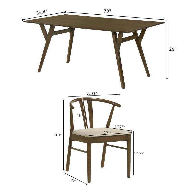 Roundhill Furniture Lavin Modern 5-Piece Dining Set, Dining Table with 2 Walnut and 2 Black Curved Back Chairs