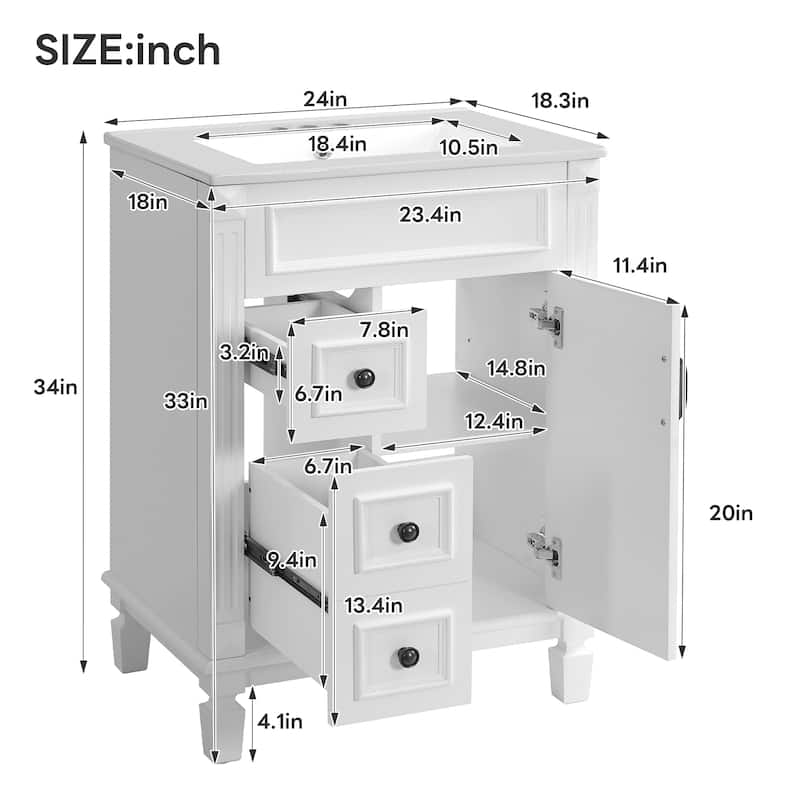 24" Bathroom Vanity with Ceramic Sink, Modern Small Bathroom Cabinet with 2 Drawers & Adjustable Shelf, Space-Saving