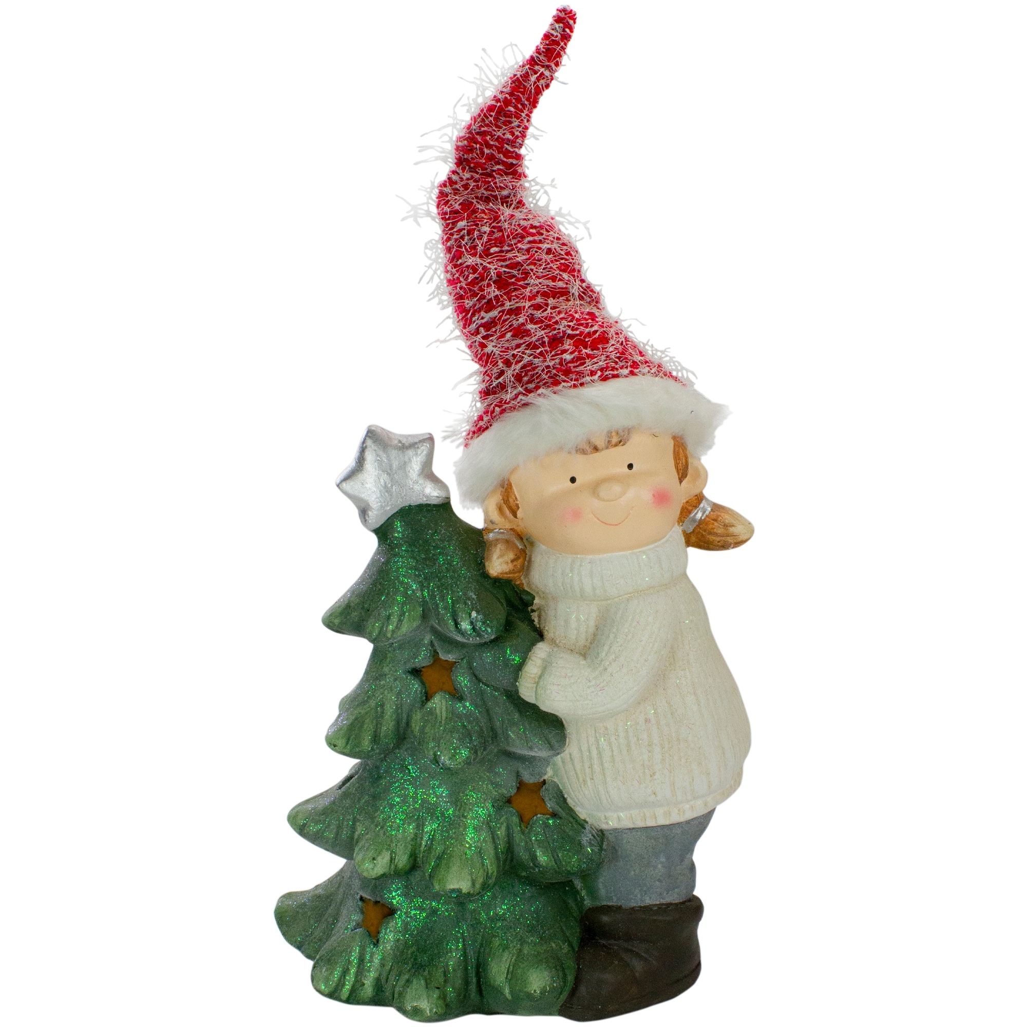30" Green and Red Girl Hugging a Tree Christmas Tabletop Decoration