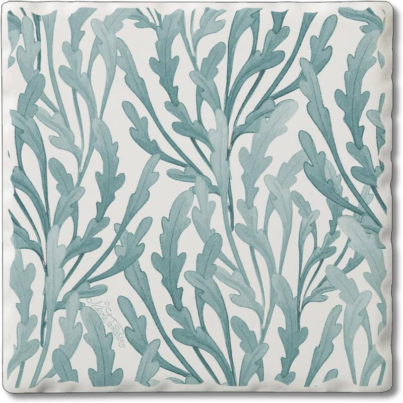 Absorbent Stone Tumbled Tile Coasters, Teal Seaweed, Set of 4 - Multi