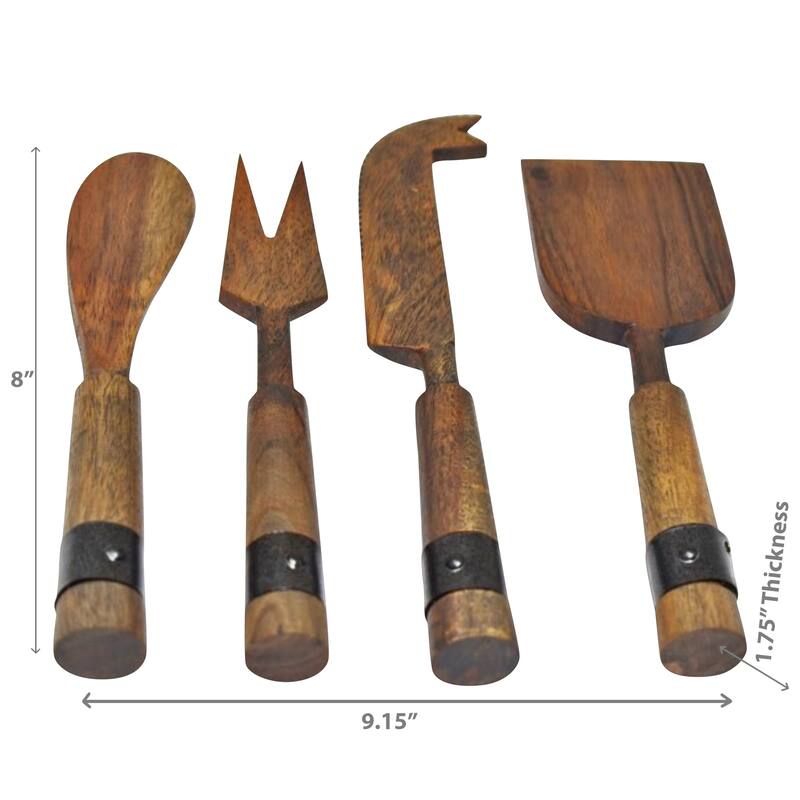 IH Casa Decor Gray Acacia Wood With Riveted Gunmetall 4 Pc Cheese Cutlery Set