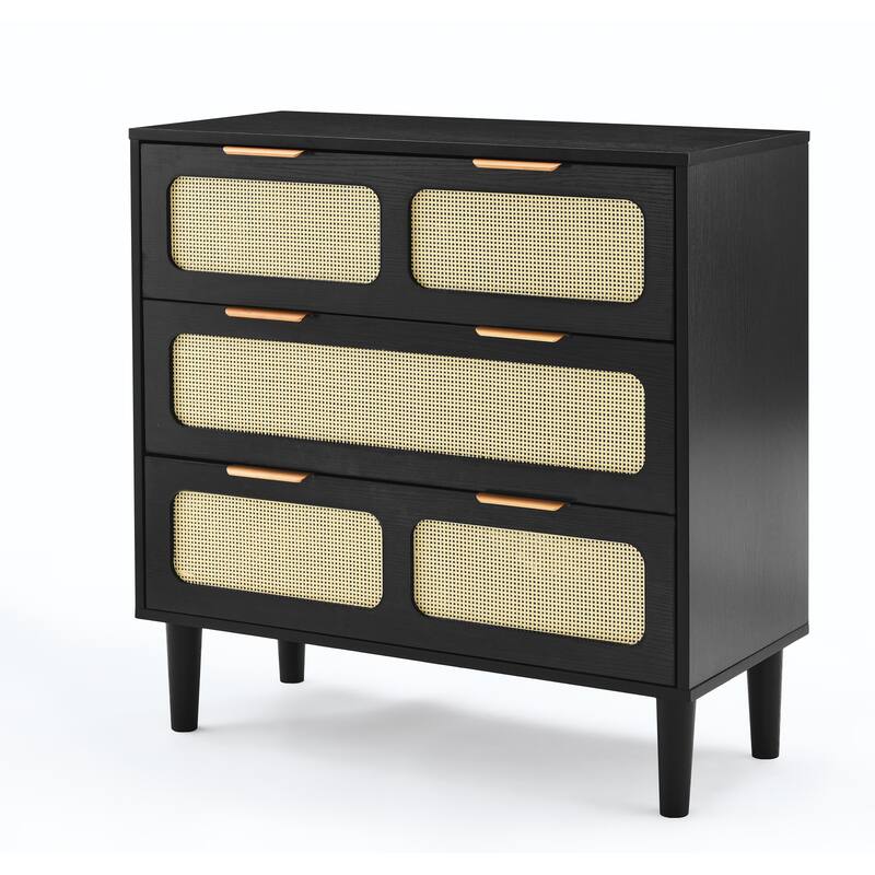 Modern Rattan Dresser Farmhouse Wooden Storage Cabinet with 3 Wide Drawers and Metal Handles, for Room Living Room Hallway
