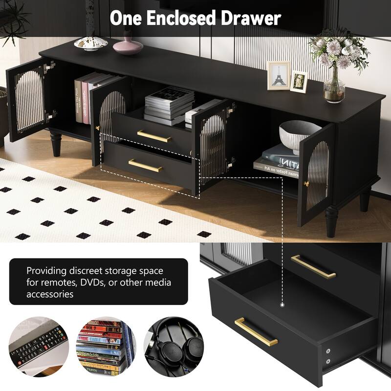 68.9" Retro TV Stand for TVs up to 75 Inches, Entertainment Center Media Console with Fluted Glass Doors