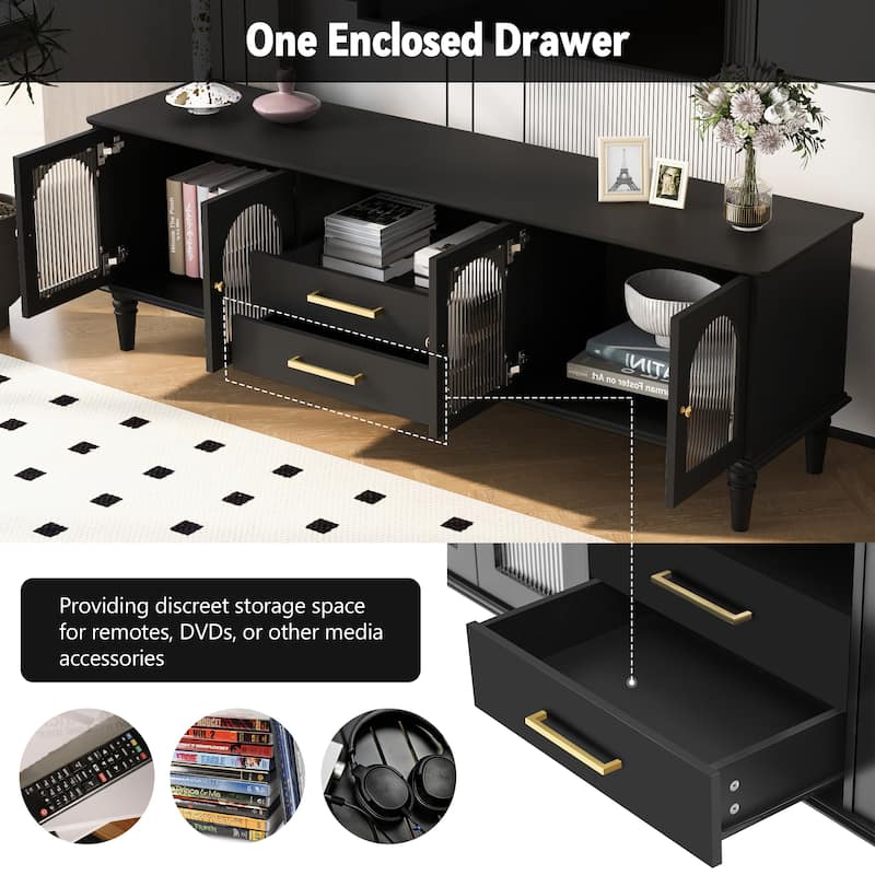 68.9" TV Stand for TVs up to 75 Inches, Entertainment Center Media Console with Fluted Glass Doors and Five Solid Wood Legs