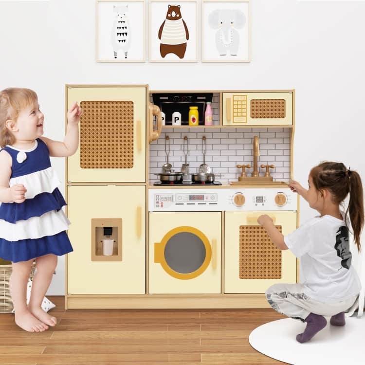 MDF Rattan Kids Play Kitchen with Lights, Sounds and Accessories - 33" × 10" × 31.5"