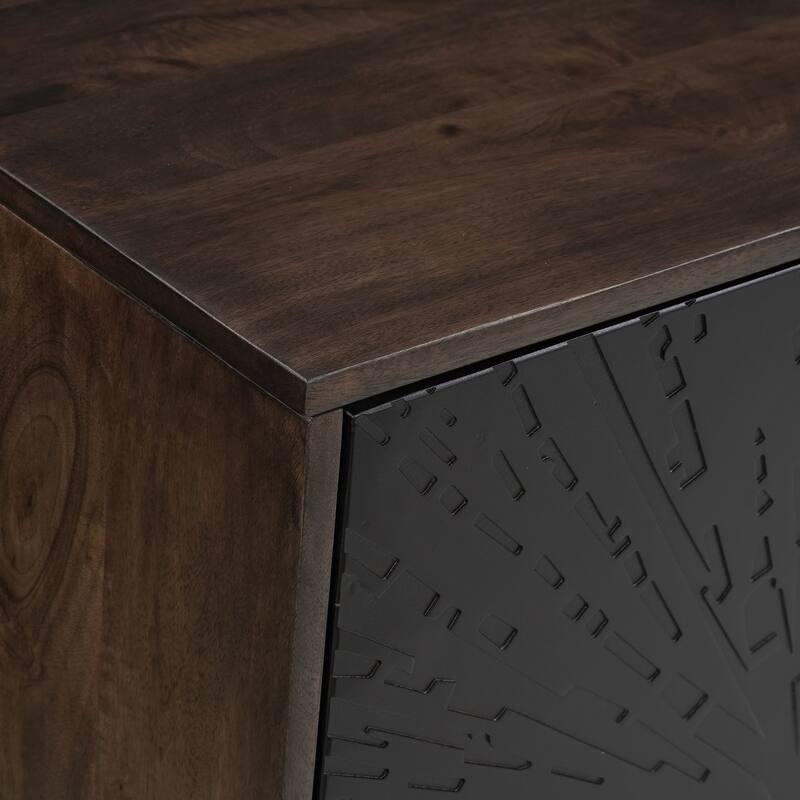 64 Inch Cosmo TV Stand Console, 3-Door Cabinet, Dark Walnut Brown & Black Mango Wood