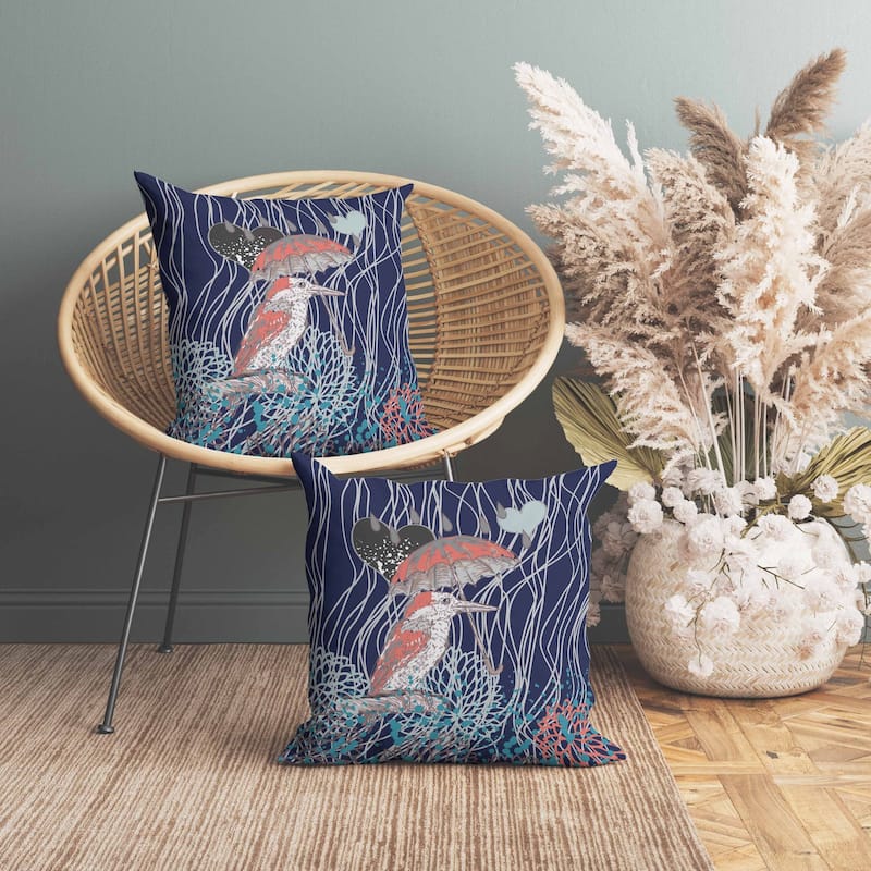 Bird with Umbrella Faux Suede Reversible Throw Pillow Blue and Copper