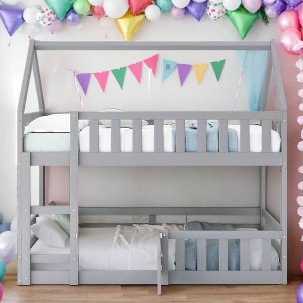 slide 2 of 18, Modern Twin over Twin House-Shaped Bunk Bed with Fence and Door,Sturdy Construction Grey