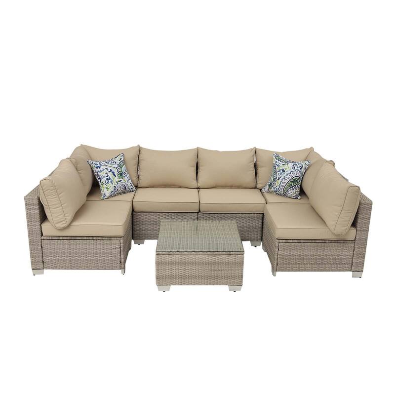 7-Piece Wicker Outdoor Sectional Set with Glass Table and Cushions