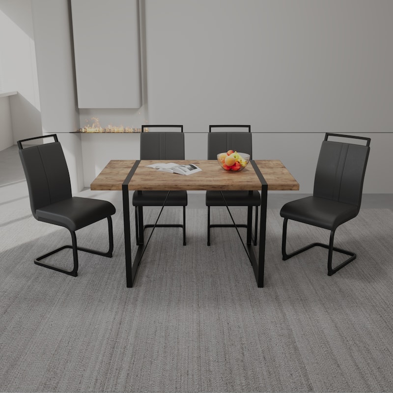 Modern 5-Piece Dining Set with Dark MDF Rectangular Table & 4 High Back Black Metal Legs Chairs