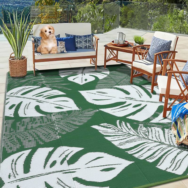 Outdoor Rug Waterproof Reversible Rug Modern Leaves Plastic Straw Area Rug