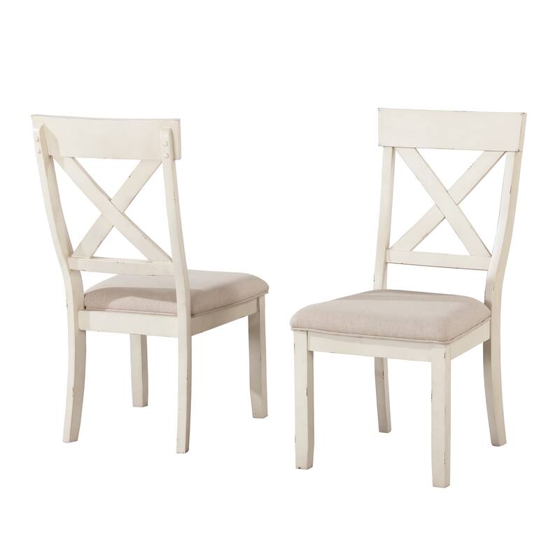 Modern Cross-Back Dining Chairs with Fabric Upholstered Seat and Rubberwood Legs, for Dining Rooms, Set of 2, Antique White