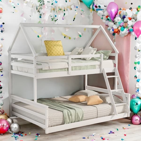slide 2 of 18, House Bed Design Twin over Full House Bunk Bed with Built-in Ladder,Full-length Guardrail White