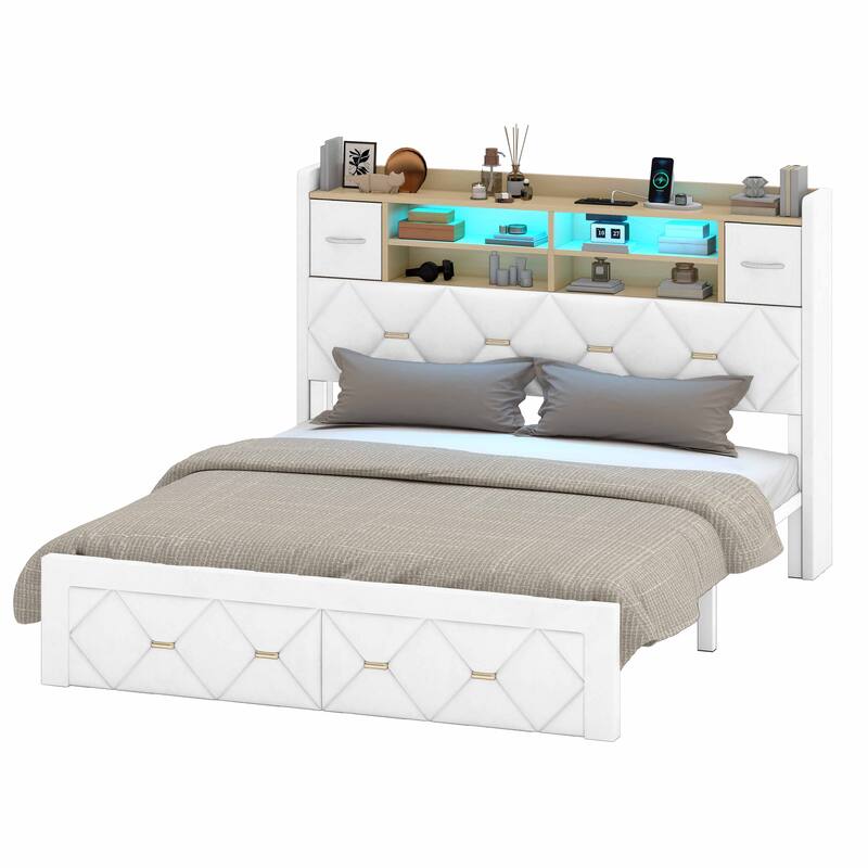 Moasis Upholstered Bed Frame with Storage Headboard And Charging Station and LED Light