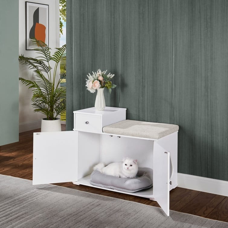 Cabinet Litter Box Hidden, Cat House - White