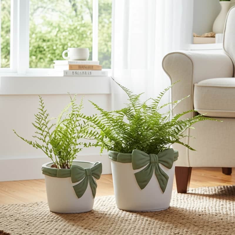 Pottery Planters Bow Accent Home Garden Use (Set of 2) - 6", 5" White - 7" x 7" x 5.75"