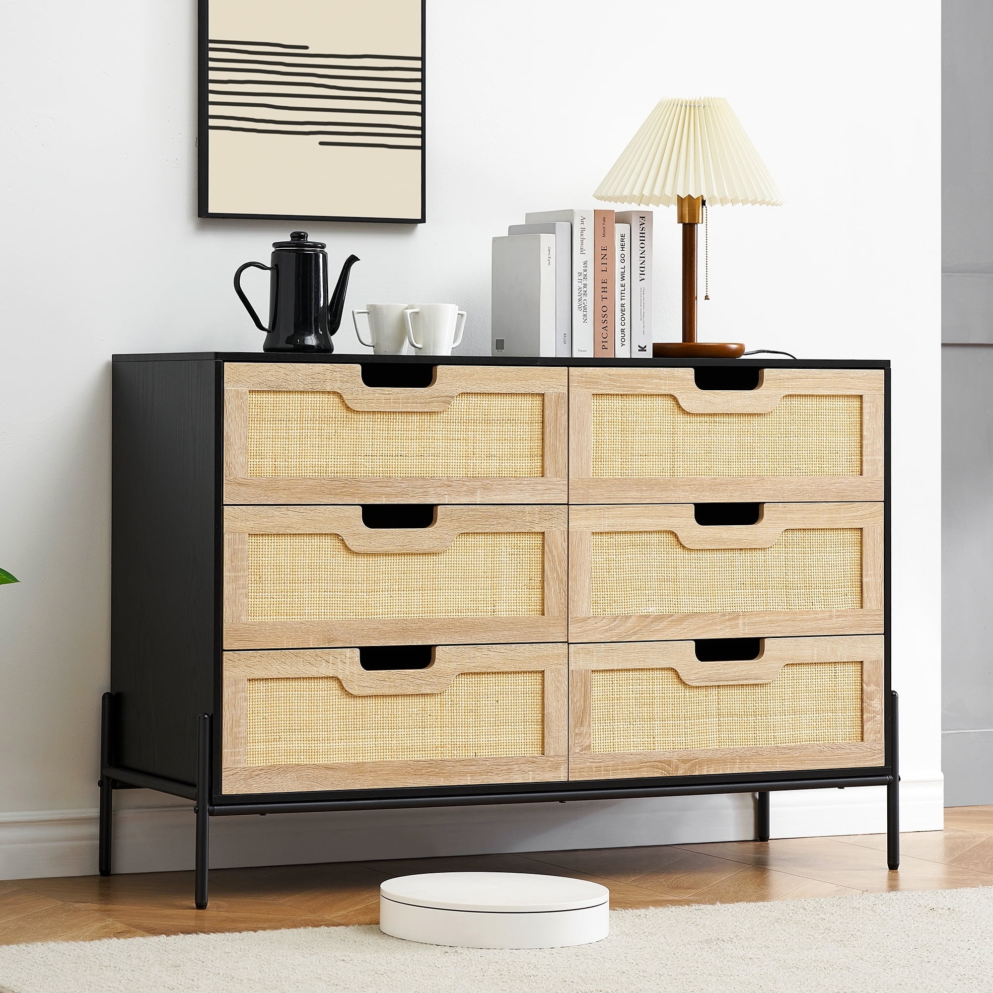 Black-Oak 6-Drawer Wicker Pattern Storage Chest