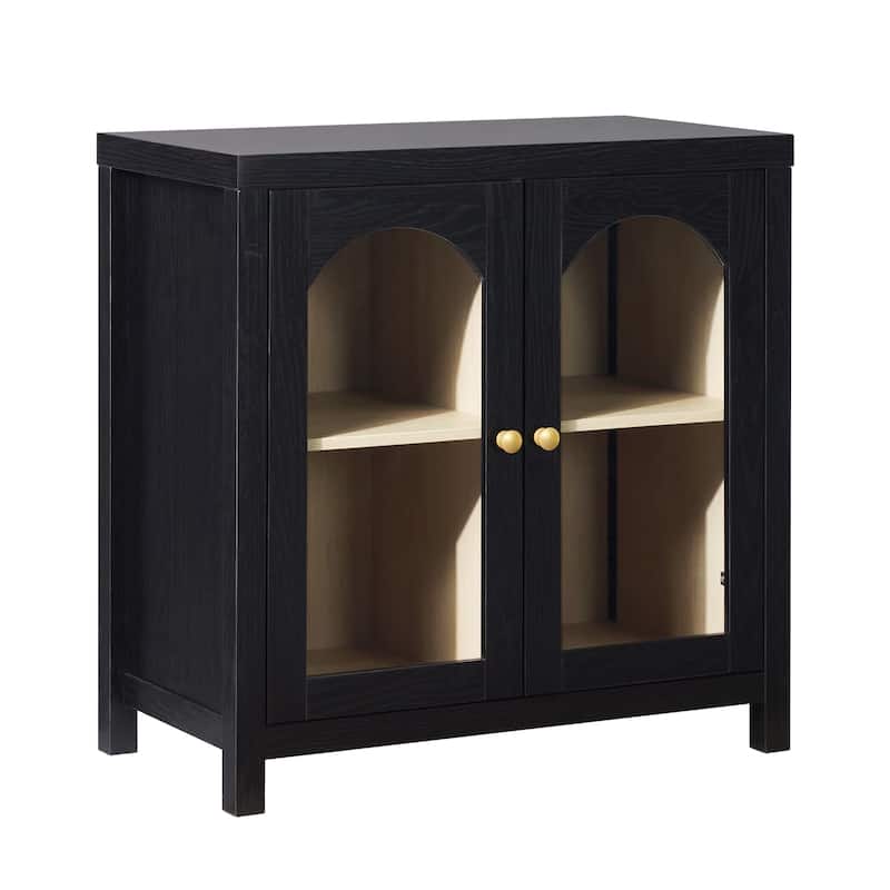 Walker Edison Modern Arched Glass Accent Cabinet with Brass Hardware - Black