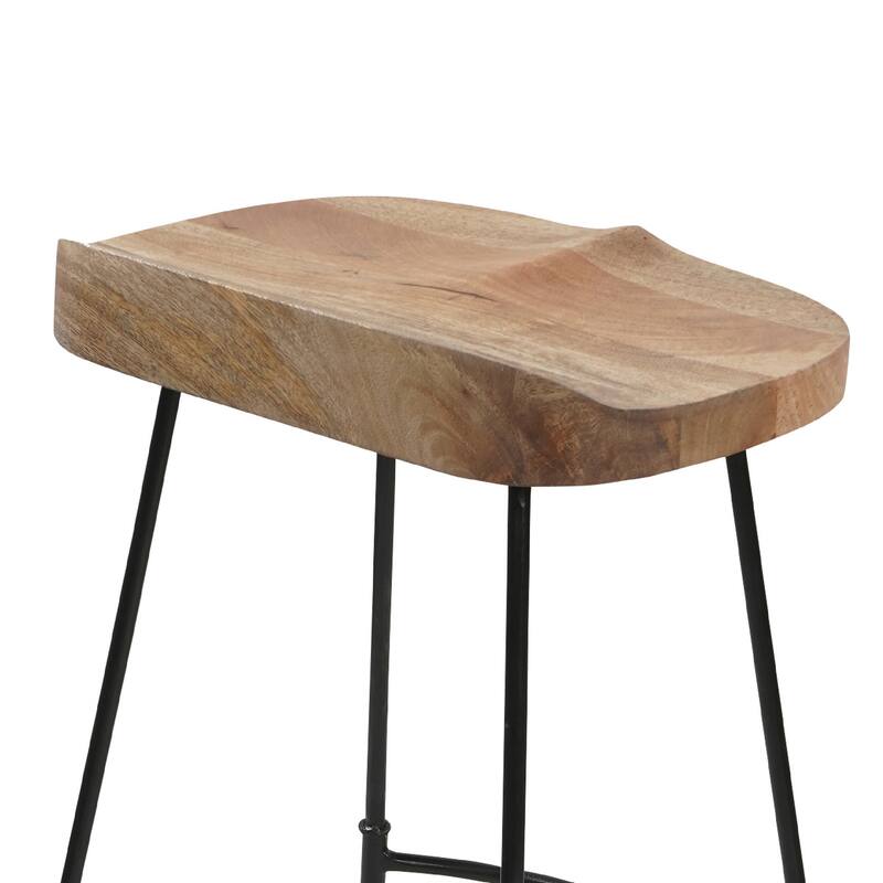 Tiva 30 Inch Handcrafted Backless Barstool, Natural Brown Mango Wood Saddle Seat, Black Metal Base