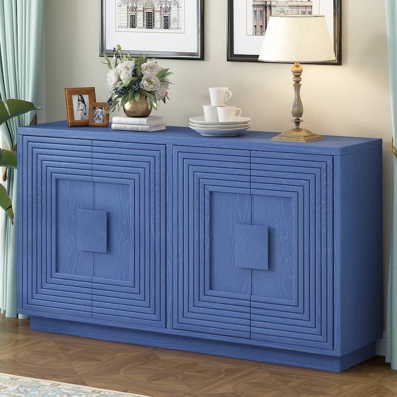 Vintage Distressed 4-Door Sideboard with Adjustable Shelves and Geometric Pattern for Dining Room, Kitchen and Living Room