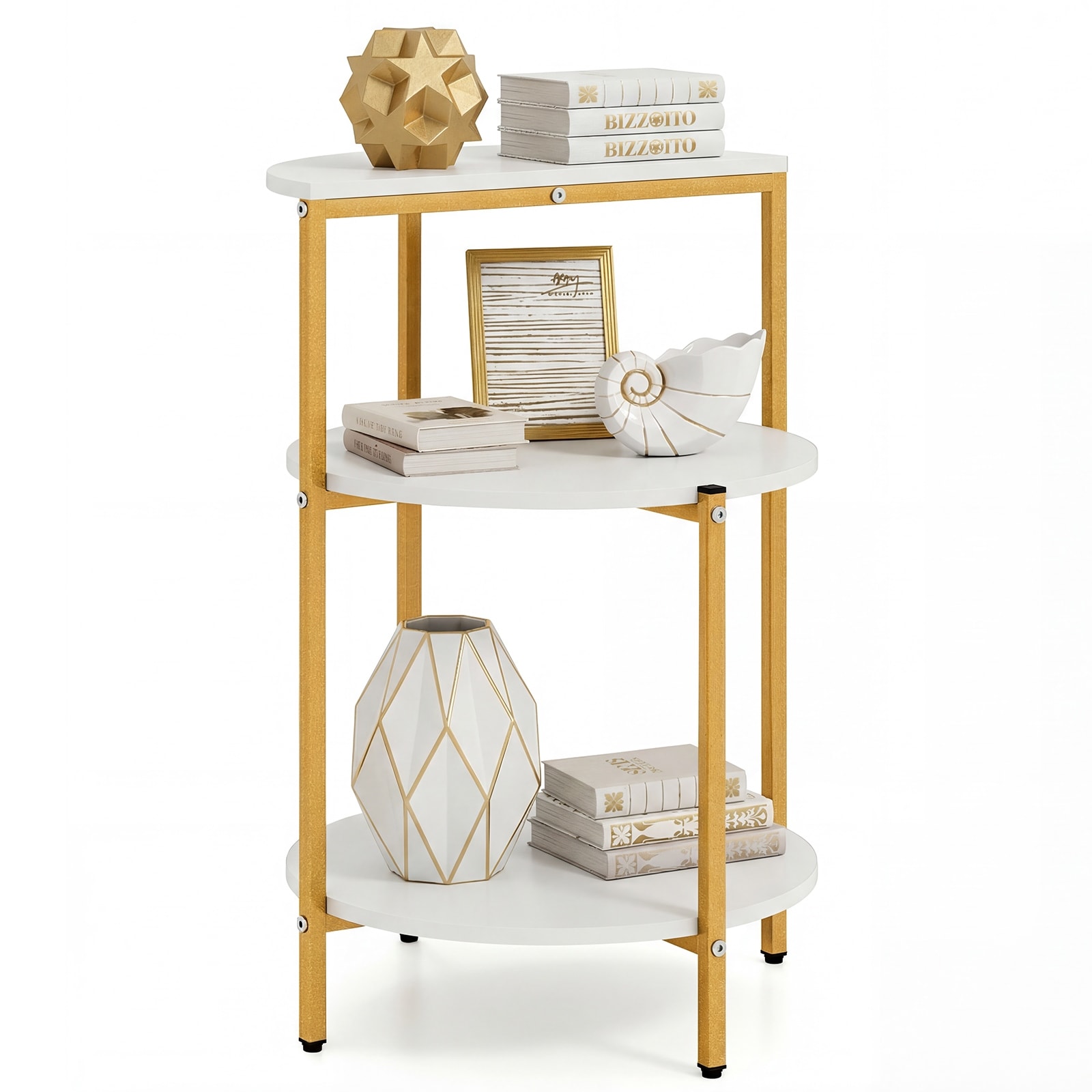 Gymax 3-Tier Side Table Round End Table w/Storage Shelves Metal Frame
