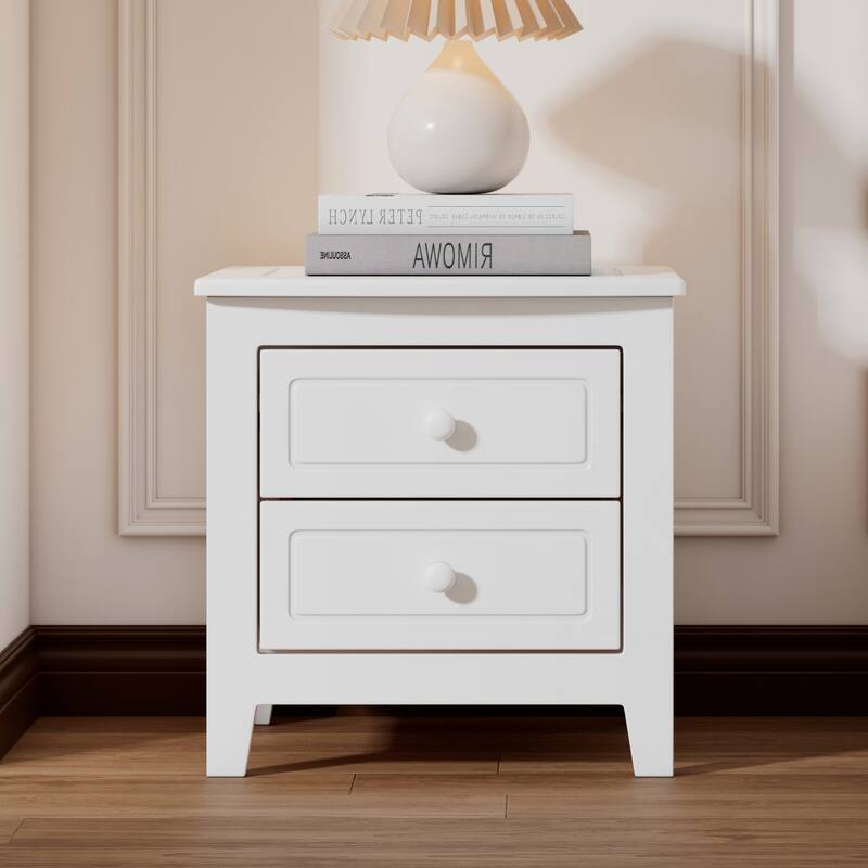 Anmytek Mid Century Retro 2 Drawer Nightstand, White Classic Bedside Table for Bedroom