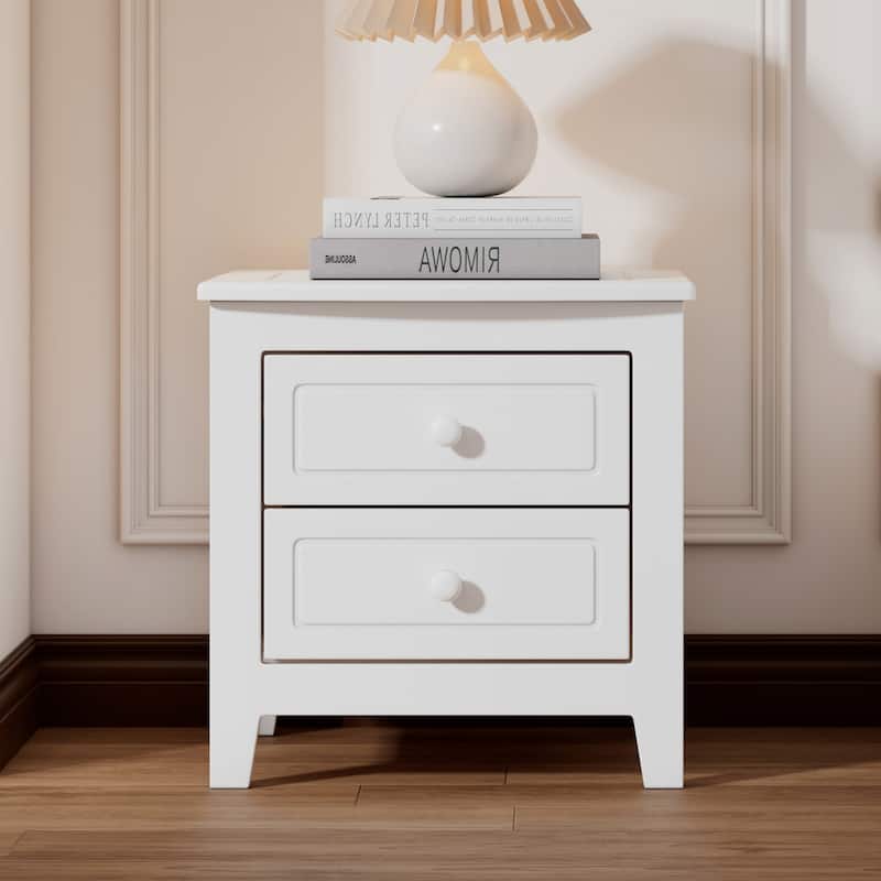 Mid Century Retro 2-Drawer Nightstand, Classic White Bedside Table with Ample Storage