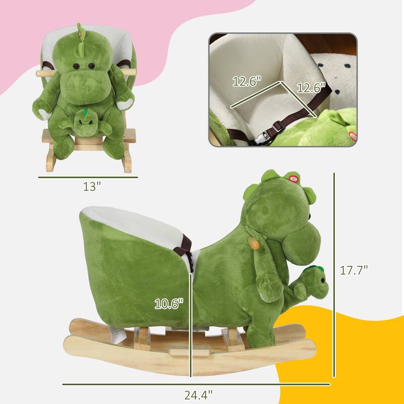 Dinosaur-Themed Baby Rocking Horse with 32 Songs, Safety Belt, Footrest & Plush Dinosaur Hand Puppet for Toddlers 18-36 Months