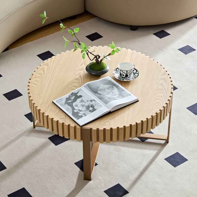 Modern Handcraft Drum Coffee Table 31.5 inch Round Coffee Table for Living Room, Small Coffee Table with Sturdy Pedestal