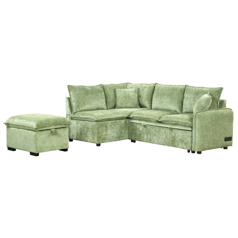 Convertible Sleeper Sofa Bed with Storage Ottoman, L-Shaped Sectional Sofa with 2 Pillows, 2 Power Sockets & 2 USB Ports