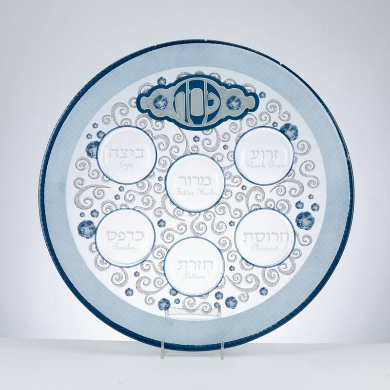 12" Elegant Blue and Gray Glass Passover Round Seder Plate